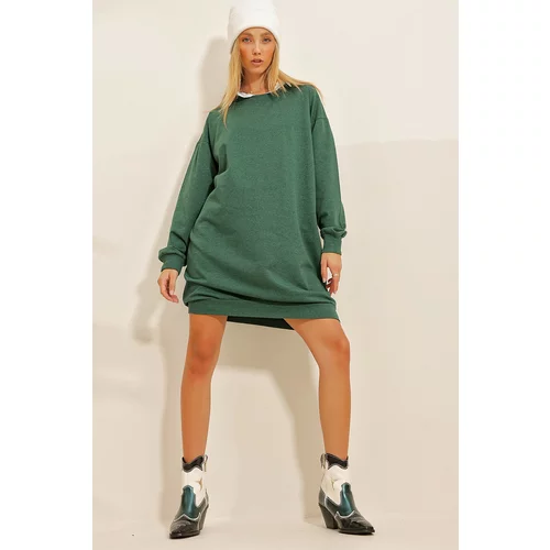 Trend Alaçatı Stili Women's Walnut Green Crew Neck Oversized Sweatshirt Dress