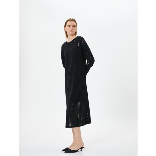 Koton Midi Openwork Dress Crew Neck Long Sleeve Slike