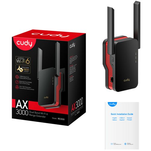 Cudy RE3000 AX3000 Wi-Fi 6 Range Extender, Dual Band 2.4+5Ghz,2x5dBi, 1xLAN, AP, Add-On mesh, LED Slike