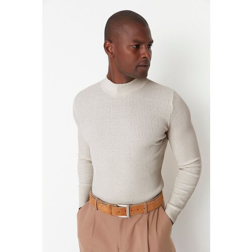 Trendyol Ecru Men&amp;#039;s Slim Fit Half Turtleneck Corduroy Knitted Sweater Slike