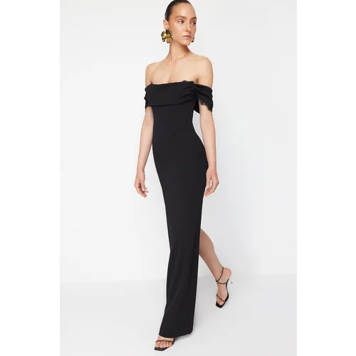 Trendyol x Zeynep Tosun Black Knitted Carmen Collar Lace Long Evening Dress & Graduation Dress