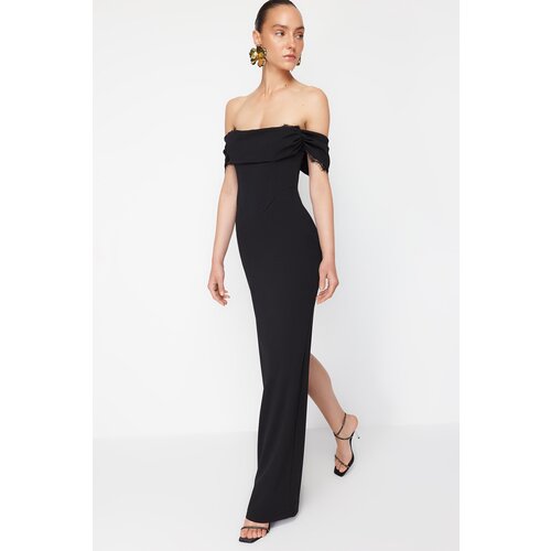 Trendyol x Zeynep Tosun Black Knitted Carmen Collar Lace Long Evening Dress &amp;amp; Graduation Dress Slike