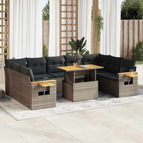 VidaXL 10-dijelni set vrtnih sofa poliratan i bagrem s jastucima sivi Slike