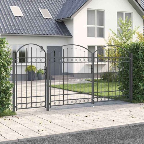 vidaXL Ograjna vrata z ukrivljenim vrhom Siva 400 x 125 cm Jeklo Cene