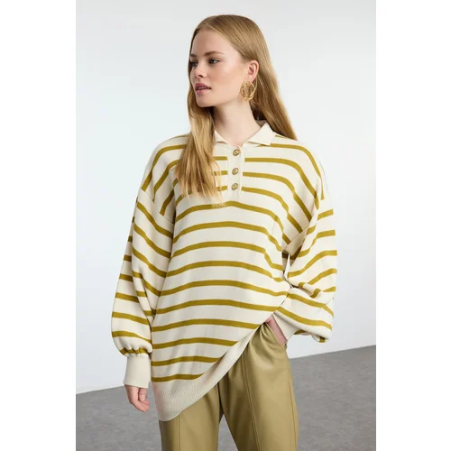 Trendyol Oil Green Striped Balloon Sleeve Polo Neck Knitted Sweater