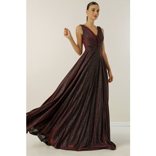 By Saygı Thick Straps and Lined Mini Checkered Long Evening Dress with Wide Body Range, Glitter Slike