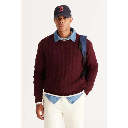 AC&Co / Altınyıldız Classics Men's Burgundy Standard Fit Regular Fit Crew Neck Patterned Knitwear Sweater Slike