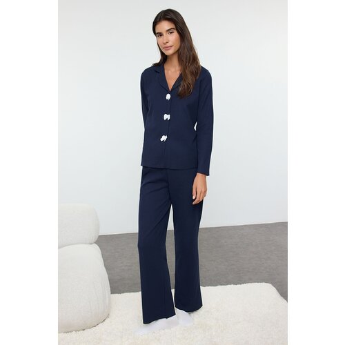 Trendyol Navy Blue Solid Bow Waffle Knitted Pajama Set Slike