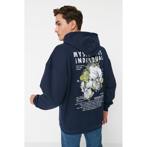 Trendyol Navy Men's Oversize Fit Hoodie Printed Sweatshirt Slike