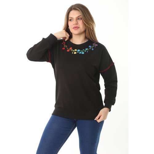 Şans Women's Plus Size Black Collar And Sleeves Embroidery Detail Sweatshirt Slike