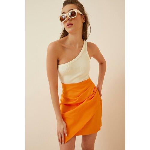 Happiness İstanbul Women's Orange Draped Knitted Mini Skirt Cene