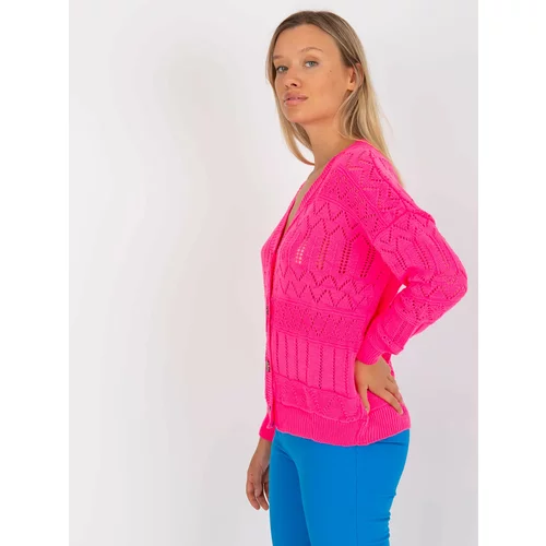 Fashionhunters Fluo pink summer cardigan with an openwork RUE PARIS pattern