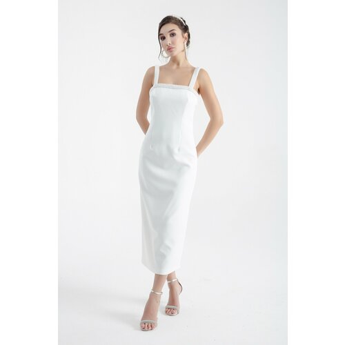 Lafaba Women's White Pearl Midi Evening Dress Slike