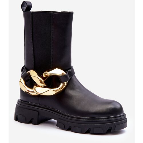 Boto Fashionable Leather Boots Ankle Boots with Chain Black Kambiz Cene