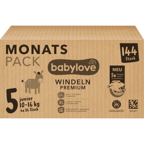 babylove premium pelene junior veličina 5 (10-16 kg) - mesečno pakovanje, 4x36kom 144 kom Slike