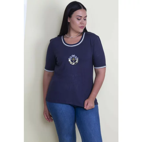Şans Women's Plus Size Navy Blue Embroidered Viscose Short Sleeve T-Shirt