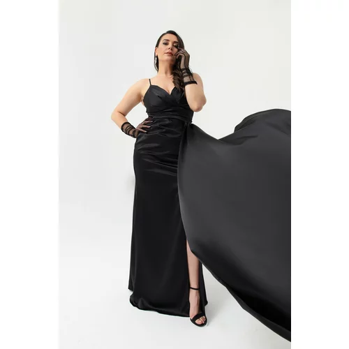 Lafaba Women's Black Plus Size Long Satin Evening Dress & Prom Dress