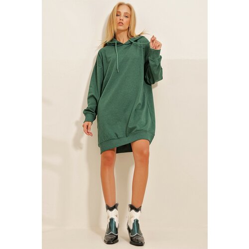 Trend Alaçatı Stili Women's Walnut Green Hooded Sweatshirt Dress Cene