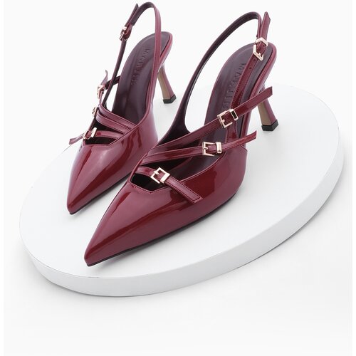 Marjin Women's Stiletto Pointed Toe Tri-Strip Belt Detail Open Back Heeled Shoes Bevil Burgundy Patent Leather Slike