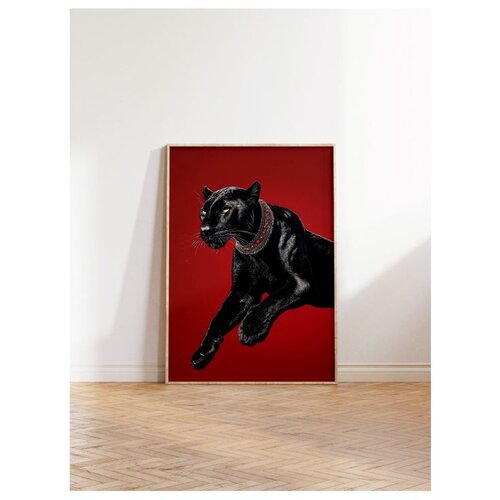 Wallxpert uramljena slika 115261, crni panter sa ogrlicom na crvenoj pozadini, 30 x 40 cm, ram u boji prirodnog drveta Slike