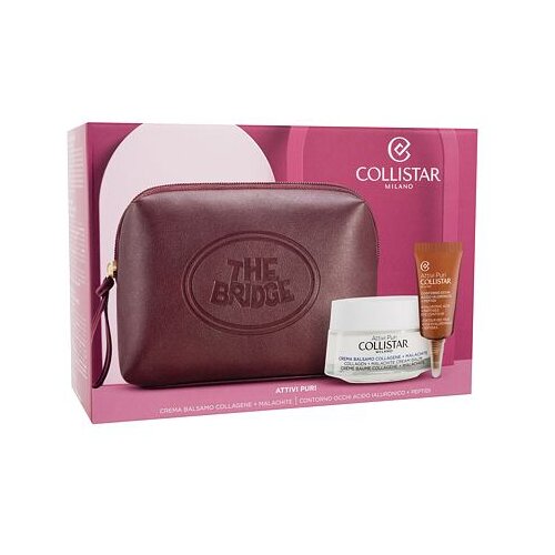 Collistar Pure Actives Collagen + Malachite Cream Balm darilni set balzam za obraz Pure Actives Collagen Malachite Cream Balm 50 ml + gel za okoli oči Pure Actives Hyaluronic Acid Peptides Eye Contour 5 ml + kozmetična torbica The Bridge za ženske Slike