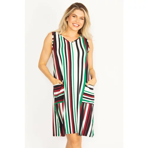 Şans Women's Plus Size Colorful Pocket Detailed Striped Dress