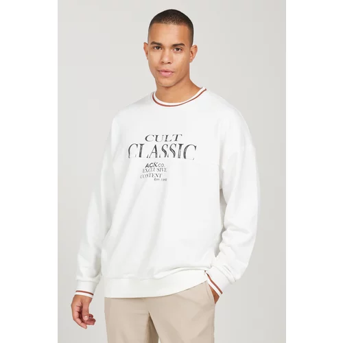 AC&Co / Altınyıldız Classics Men's Off-White Oversize Loose Cut 3 Thread Crew Neck Cotton Sweatshirt with Fleece Inside