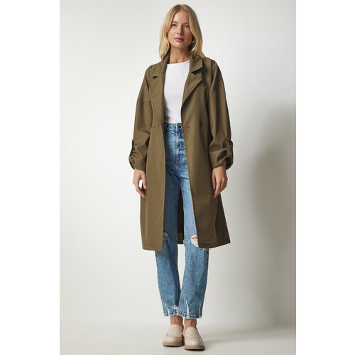  Women's Khaki Belted Seasonal Trench Coat Cene