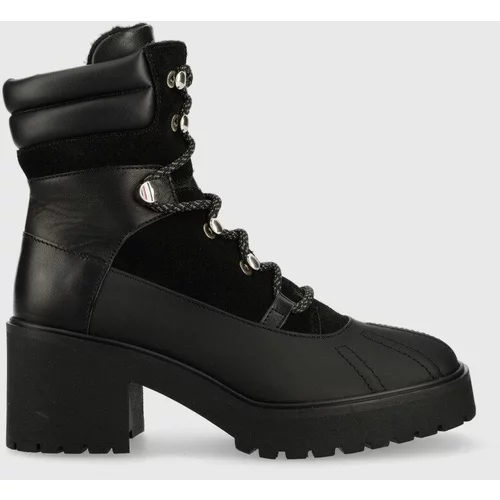 Tommy Hilfiger Kožne gležnjače Heel Laced Outdoor Boot za žene, boja: crna, s debelom petom, s polutoplom podstavom