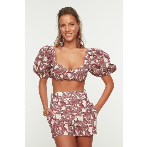 Trendyol Shawl Pattern Balloon Sleeve Buckled Shorts Blouse Set Slike