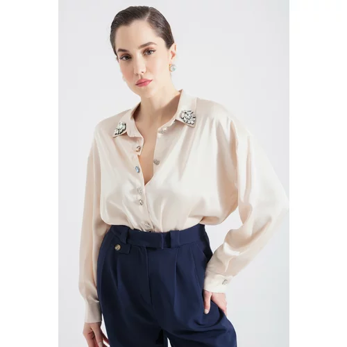Lafaba Women's Beige Jewelled Collar Long Sleeve Shirt