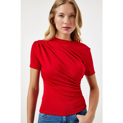  Women's Red Gathered Detailed Viscose Blouse Cene