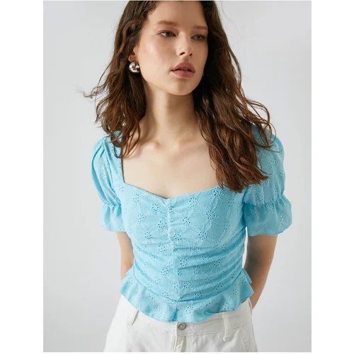 Koton Embroidered T-Shirt Sweetheart Neck Balloon Sleeves Frilly