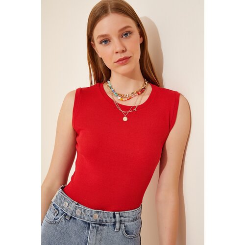  Women's Red Crewneck Cotton Knitted Blouse Cene