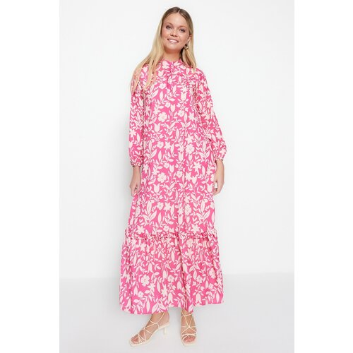 Trendyol Dark Pink Floral Half Patties With Frill Trim Lined Woven Dress Cene