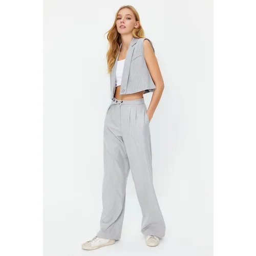 Trendyol Gray Straight Cut Woven Trousers with Belt Detail