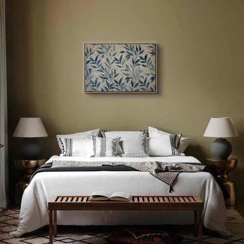  Slika - Leaves in Blue Color Delicate Botanical Motif 90x60 U prirodnom drvenom okviru Slike