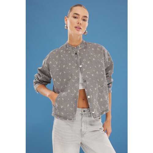 Trendyol Grey Floral Pattern Oversize Denim Bomber Jacket Slike