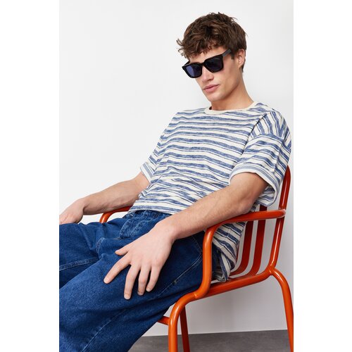 Trendyol men's blue oversize/wide-fit striped label short sleeve textured linen-cotton t-shirt Cene