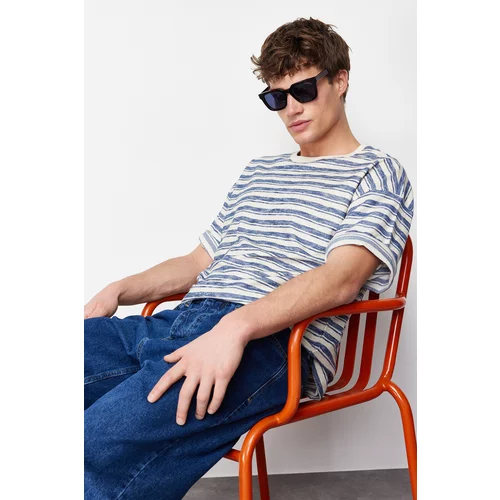 Trendyol Men's Blue Oversize/Wide-Fit Striped Label Short Sleeve Textured Linen-Cotton T-Shirt