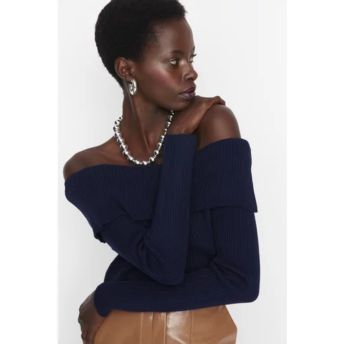Trendyol Navy Blue Carmen Collar Crop Knitwear Sweater