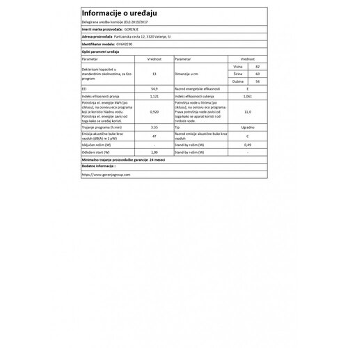 Gorenje Ugradbena ma&amp;scaron;ina za pranje suđa GV642E90 Slike