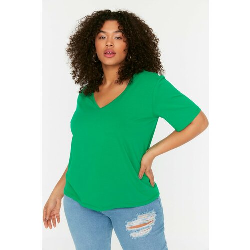 Trendyol ženska majica Curve Emerald Green V-Neck Basic Knitted Cene