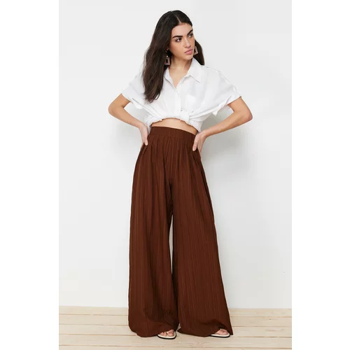 Trendyol Pleat Detailed Wide Leg Dark Brown Textured Fabric Woven Trousers