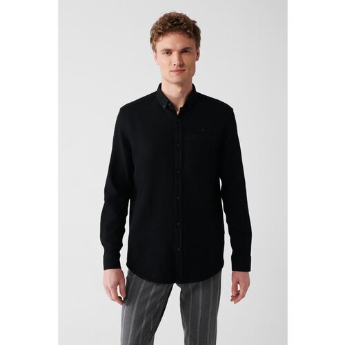 Avva Men's Black 100% Cotton Buttoned Collar Pocket Standard Fit Normal Cut Shirt Cene