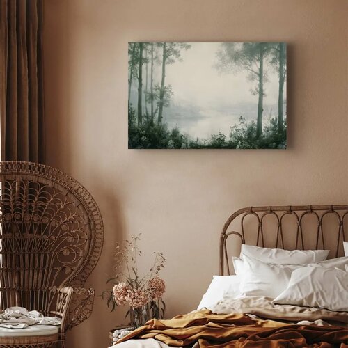  Slika - Retro Landscape Grove Trees and Pond in Patinated Shades of Green 120x80 Na talijanskom platnu Slike