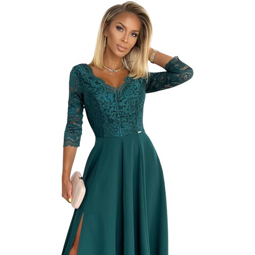 Numoco 309-5 AMBER elegant lace long dress with a neckline - BOTTLE GREEN Cijene