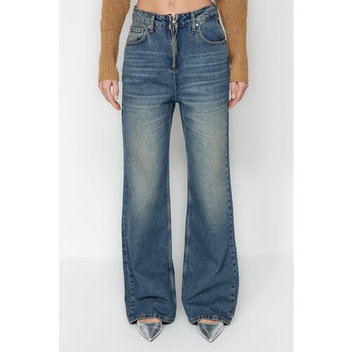 Trendyol Blue Pale Effect Vintage Zipper Detail High Waist Wide Leg Jeans Cene