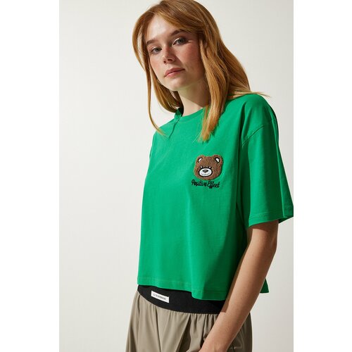 Happiness İstanbul Women's Green Teddy Bear Crest Crop Knitted T-Shirt Slike