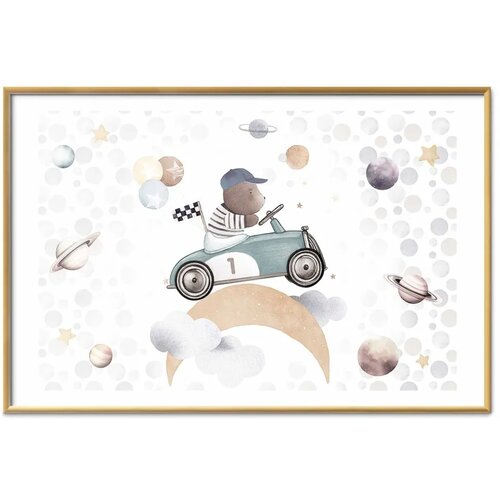  Plakat - Bear in a Race Car 90x60 Zlatni okvir s margom Slike